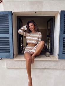 Senya Striped Crochet Knit Crop Top & High Waist Shorts 2 Pieces Set Women's Outfit, Suitable For Vacation Wear, Travel Wear, Beach Cover-Up - Khaki - View 5