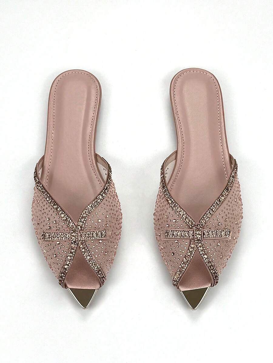 Women's Pointed Toe Buckle Bow Rhinestone Mesh Sandals, Summer Shoes, Flat, Mule, Pink, Gold, Daily, Party - Pink - View 1