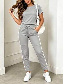 Women's New Round Neck Short Sleeve T-Shirt And Elastic Waist Loose Pants 2 Pieces Set, Suitable For Spring, Summer And Autumn Elegant - Grey - View 1