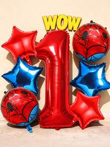7pcs Red And Blue Spider Web Theme Party Balloon Set, Spider Ball And Red And Blue Star 32-Inch Red Number Balloon Set, Valentine's Day, Birthday, Wedding Spider Theme Party Decoration - View 1