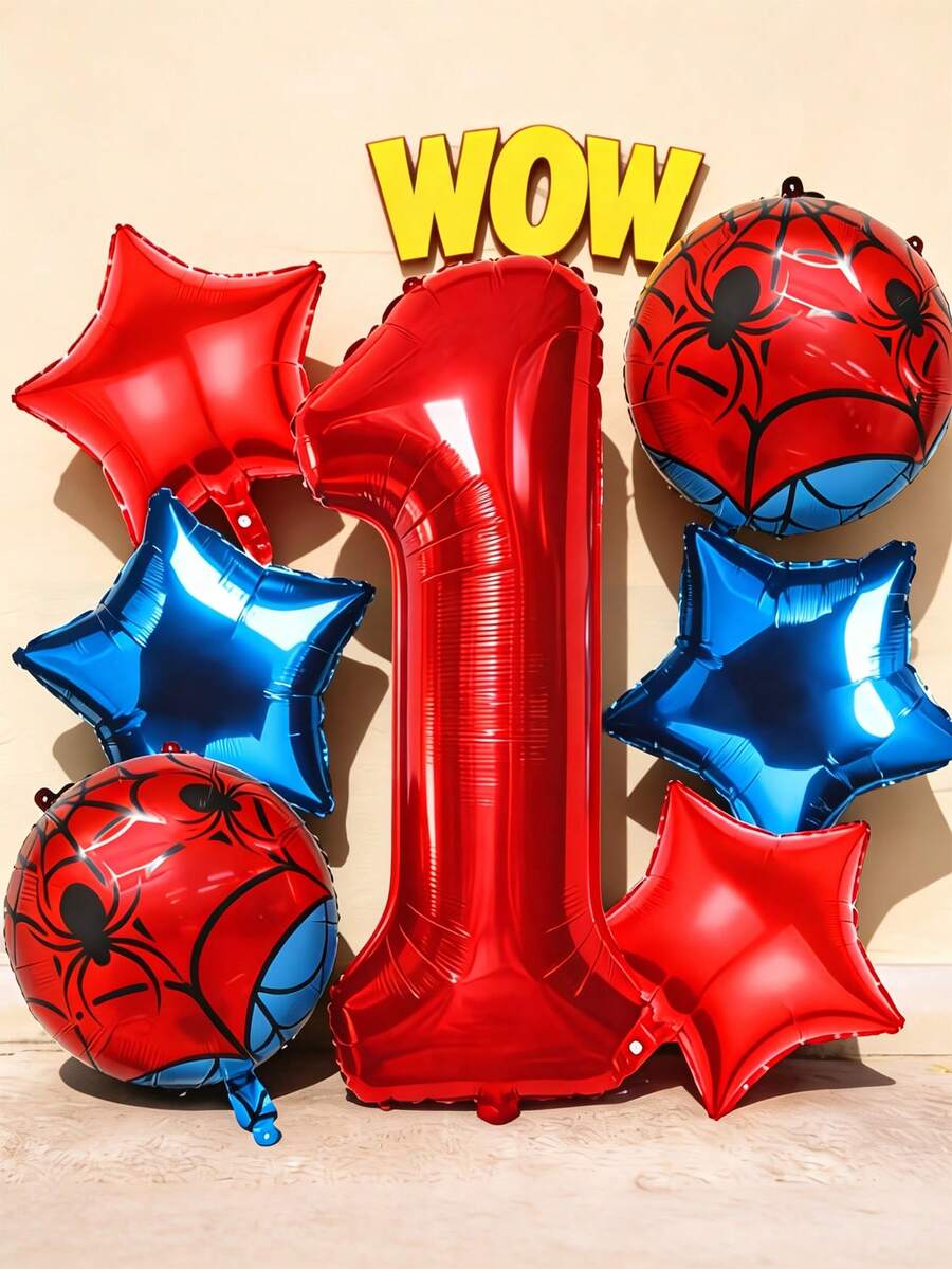 7pcs Red And Blue Spider Web Theme Party Balloon Set, Spider Ball And Red And Blue Star 32-Inch Red Number Balloon Set, Valentine's Day, Birthday, Wedding Spider Theme Party Decoration - View 1