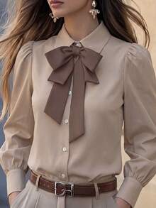 Elegant Women's Long Sleeve Polyester Tie Neck Blouse Regular Fit Non-Stretch Fabric Suitable For Work - Khaki - View 2