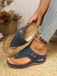 Plus Size Women's Fashion Comfortable Lace-Up Wedge Sandals - Navy Blue - View 1