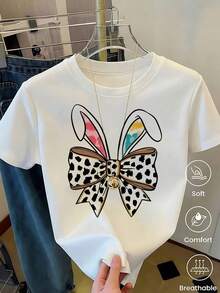 Playera Blanca de Mujer con Orejas y Patitas de Conejo en Estampado de Leopardo, Camiseta Animal Print de Moda, Blusa Casual de Verano con Diseño de Conejito Lindo, Top Estético y Divertido - Rosado Sandía - Ver 1