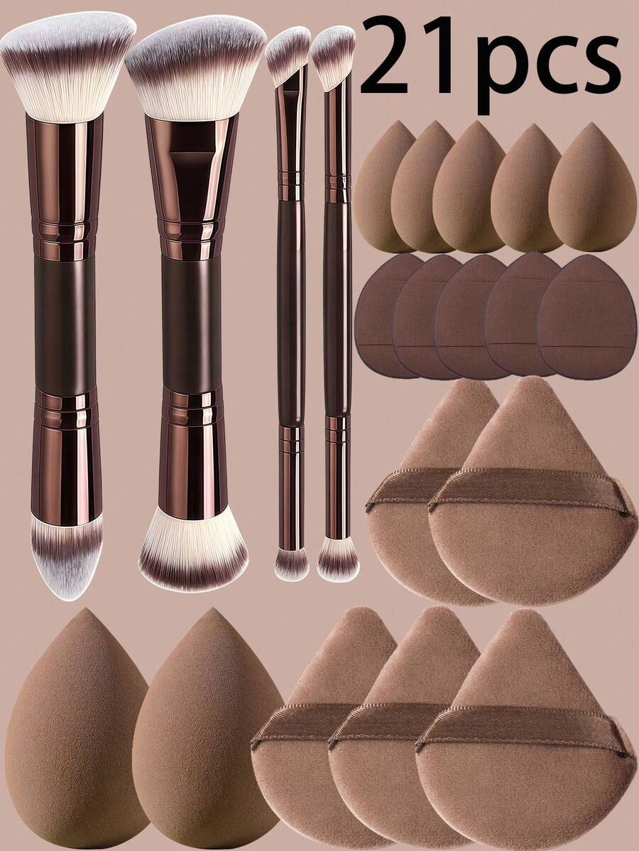 YZIMENG Juego de 21 piezas de herramientas de maquillaje 4 brochas de maquillaje de doble punta + 17 esponjas de maquillaje, con diseño angular y cónico brocha para base, brocha para contorno, brocha para rubor, brocha para polvo, brocha para sombra de ojos, brocha para corrector, brocha para iluminador, brocha para difuminar. Cerdas de fibra suave, borla de polvo facial, borla de polvo reutilizable, borla de polvo para maquillaje facial y de ojos, - Marrón - Ver 1