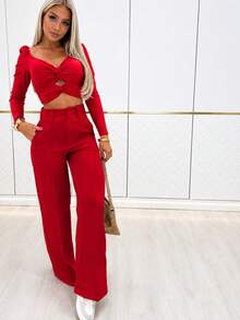 Solid Color High-Waisted Trousers, Casual And Versatile For Everyday Wear, For Spring - Red - View 6