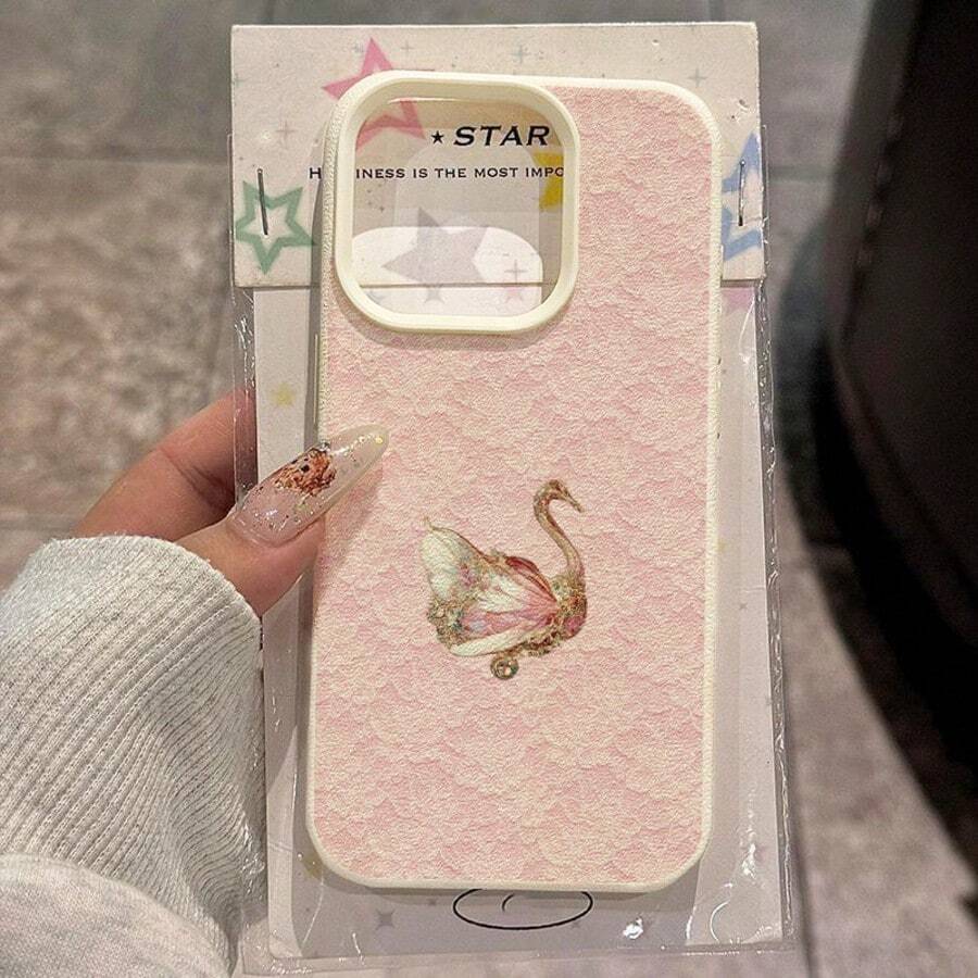 1pc TPU Material Vintage Pink Tone Lace Swan Pattern Phone Case Compatible With IPhone 17 Pro Max/17/16 Pro Max/15/13/12/11/ S20 FE/A15/S24/A55/ Note 11/Note 12/Note 13 Pro Full Coverage Shockproof Soft Shell Protective Cover - White - View 1