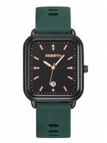 Jam Tangan Quartz Kalender Minimalis Fashion Wanita Merek Rebirth 1 buah dengan Tali Silikon, Cocok untuk Dekorasi Sehari-hari - Hijau - View 7