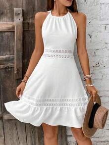 Vestido con bajo asimétrico y espalda descubierta con detalles de encaje disolvible, vestido sexy de mujer con espalda descubierta, encaje d - Marrón - Ver 4