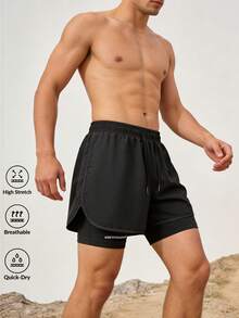 Pantalones cortos de running para hombre con forro de compresión incorporado, ligeros y de secado rápido para deportes - Negro - Ver 1