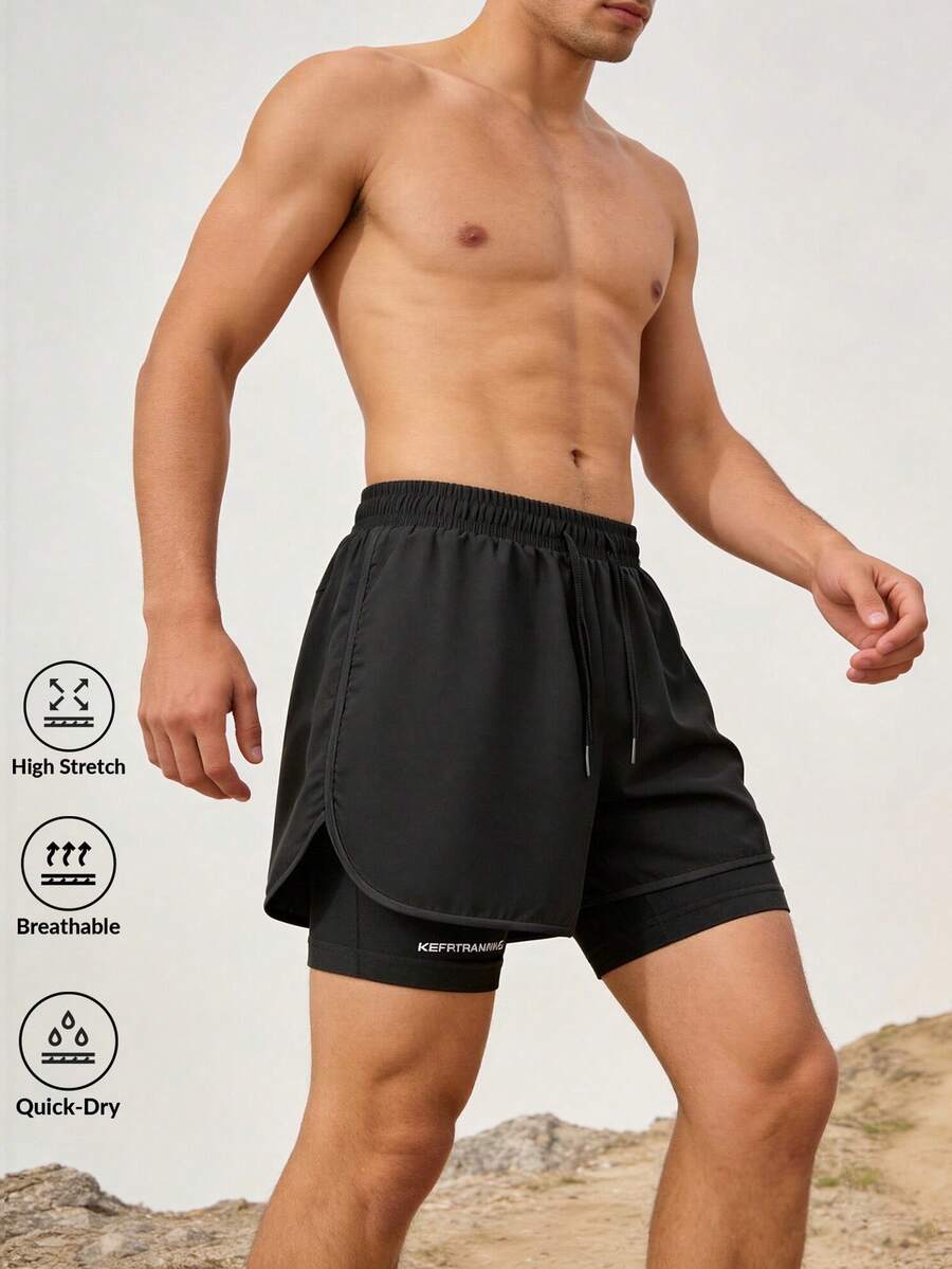 Pantalones cortos de running para hombre con forro de compresión incorporado, ligeros y de secado rápido para deportes - Negro - Ver 1