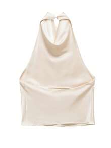 Spring/Summer Solid Color Satin Halter Neck Backless Top - Apricot - View 3