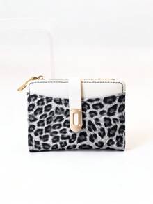 Classic Fashion Leopard Print Patchwork Short Wallet, Handheld PU Exquisite Buckle Card Holder ID Organizer, Compact And Lightweight - Black and White - View 9