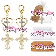 60pcs/20sets Gold Rhinestone Heart Double Cross Keychain, Guest Baptism Favor, Christian Baptism Communion Souvenir, Christian Party Decoration - Multicolor - View 11