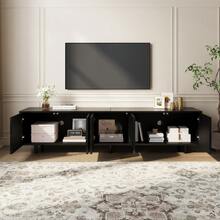 Lowboard TV Stand For Living Room / Modern TV Cabinet With 5 Doors / Arched Door Design / Ample Storage Space / Metal Feet / Suitable For The Living Room - 黑色 - 查看 6