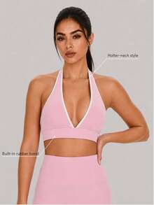 Sodalemon Women's V-Neck Tank Style Sports Bra, Backless Design, Removable Padding, Contrast Color, Running, Fitness, Yoga - Pink - View 2