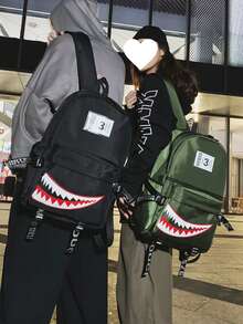 1pc Unisex Street Style New Korean Version Creative Shark Design Fashion Campus Backpack For High School And College Students, Casual School Bag (Random Webbing Print And Letter, Random Left/Right Pull Tab Direction) - Multicolor - View 1
