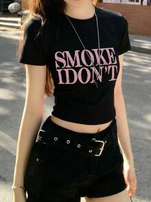 女款圓領短袖T恤，夏季新款字母印花，美式辣妹風，時尚休閒百搭修身短版上衣 - 高級黑 - 查看 8