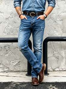 Jeans de mezclilla lavados con efecto desgastado, corte slim favorecedor, versátiles y casuales para hombre - Azul - Ver 5