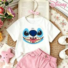 Disney Lilo & Stitch Big Smile Print Teen Girl Clothes T-Shirt, Cute Cartoon Graphic Short Sleeve Crew Neck Tee - 白色 - 查看 1