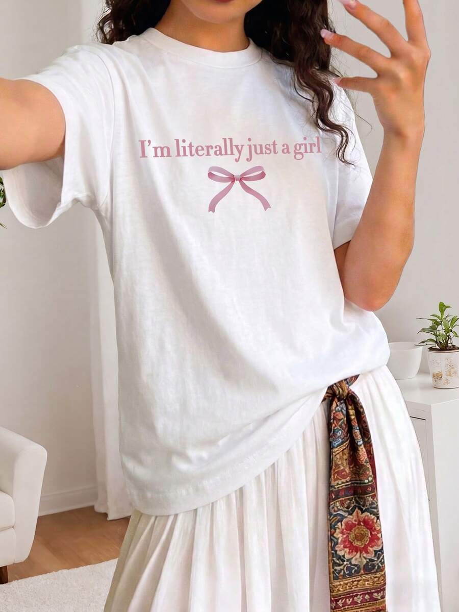 Kaos Lengan Pendek Leher Bulat Kasual dengan Motif Pita Manis, Cocok untuk Anak Perempuan dan Anak-anak - Putih - View 1