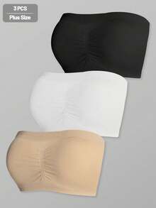 3pcs Set Minimalist Plus Size Solid Color Seamless Bandeau, Thin Plus Size Bandeau Suitable For Daily Wear - Multicolor - View 1