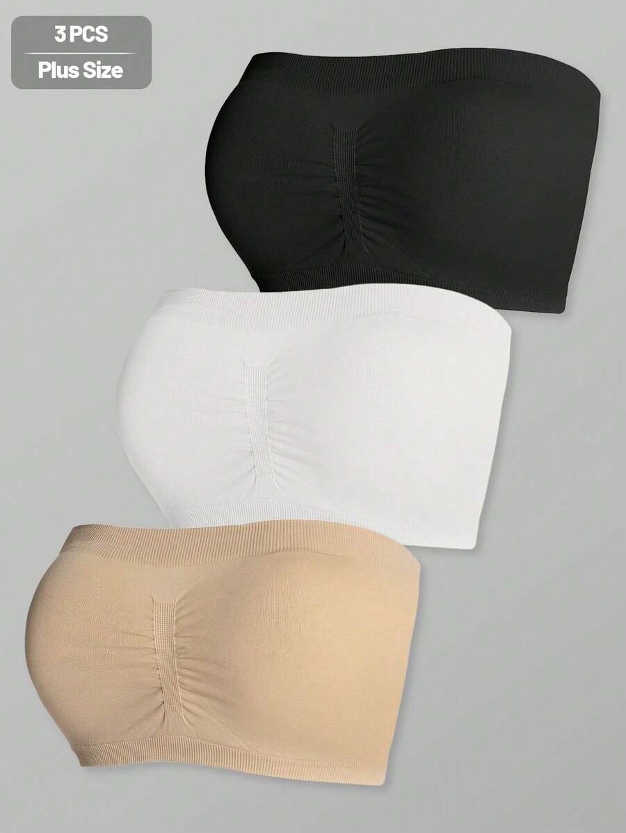 3pcs Set Minimalist Plus Size Solid Color Seamless Bandeau, Thin Plus Size Bandeau Suitable For Daily Wear - Multicolor - View 1