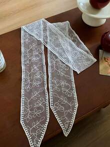 White Lace Scarf, Floral Embroidery Pure Silk Ribbon Scarf, Elegant Headband And Neck Scarf, Suitable For Hair, Bag, And Clothing Decoration, Perfect For Family And Gifts - One Size - View 5