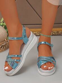 Women's Wedge Platform Sandals, Solid Color Beach Vacation Buckle Comfortable Height-Increasing Open Toe Summer Sandals - Mint Blue - View 5