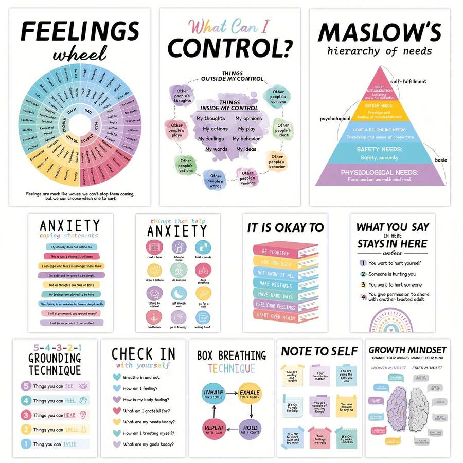 12 Pcs Mental Health Posters, Anxiety Therapy Office Decor, Counseling Office Must Haves, 10''x14'Back To School Counselor Supplies, Wall Art Decor Home Classroom Therapist Mental Health Gifts - Multicolor - View 1
