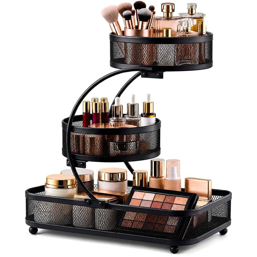 3-Tier Metal Bathroom Organizer (Includes Spray Bottle & Hooks) - A Space-Saving Countertop Storage Solution Designed For Cosmetics, Skincare, And Toiletries; Features A Rust-Resistant Diamond Mesh Design. - Black - View 1