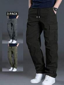 3pcs/Set Spring/Summer Solid Color Multi-Pocket Straight Leg Cargo Pants, Men's Loose Outdoor Commute Casual Long Pants - Dark Grey - View 2