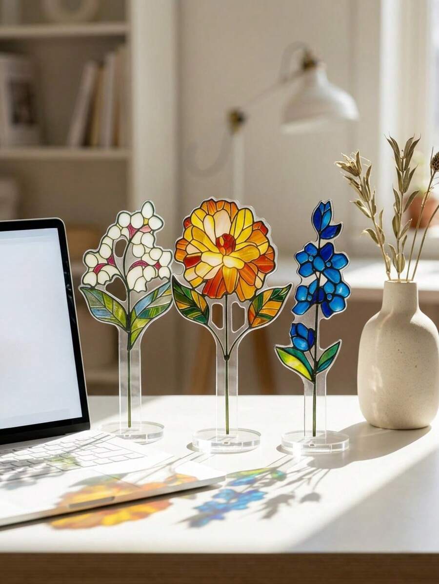 1pc Stained Floral Desktop Ornament Vertical Plant Display Stand With Clear Base Bohemian Windowsill Light Refraction Decor Home Decor Room Decor Ambient Craft For Bedroom Windowsill Living Room & Desk Multi-Pattern Flower Art Ornament - Multicolor - View 1