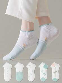 ZUJO 5 Pairs Women's Short Socks, Floral Pattern, Suitable For Spring Autumn Summer Daily Wear, Simple And Comfortable, Random Colors - Multicolor - View 1
