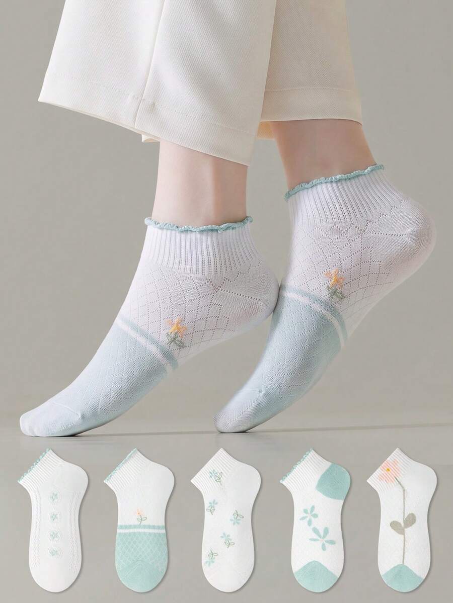 ZUJO 5 Pairs Women's Short Socks, Floral Pattern, Suitable For Spring Autumn Summer Daily Wear, Simple And Comfortable, Random Colors - Multicolor - View 1