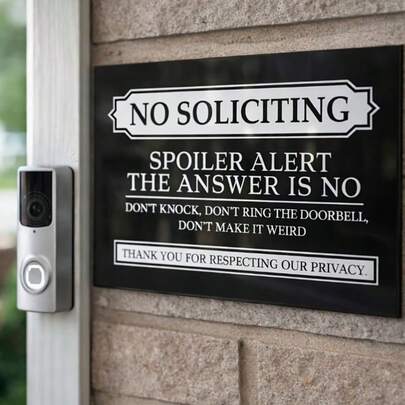 Humorous No Soliciting Sign For Home, 2D Flat Wooden Front Door Plaque, Funny No Salesperson Notice, Don't Ring Doorbell Sticker With Adhesive, Unique Design, Black