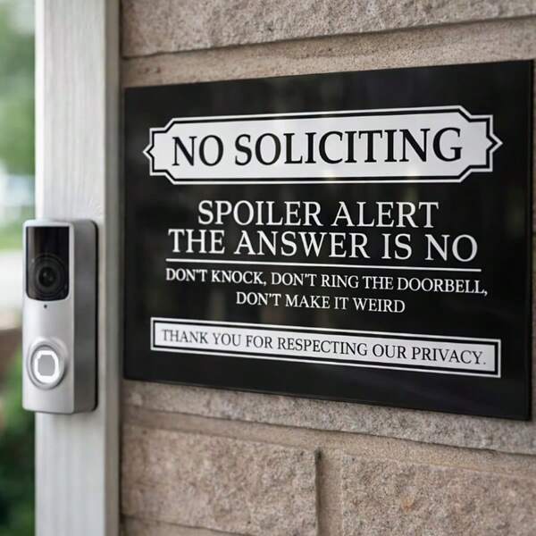 Humorous No Soliciting Sign For Home, 2D Flat Wooden Front Door Plaque, Funny No Salesperson Notice, Don't Ring Doorbell Sticker With Adhesive, Unique Design, Black