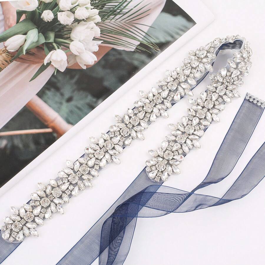 1pc Luxury Bridal Handmade Rhinestone Beaded Waist Belt Sash For Wedding Party - Sliver Applique+Organza Navy Ribbon - View 1