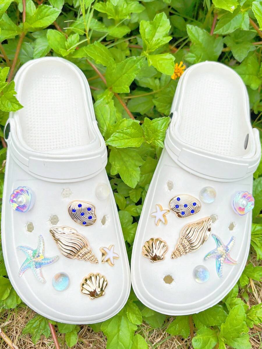16pcs Gold Conch Shell Accessories, Transparent Starfish, Gold Shell Detachable Shoe Charms, Fashionable And Elegant, Suitable For Perforated Sandals