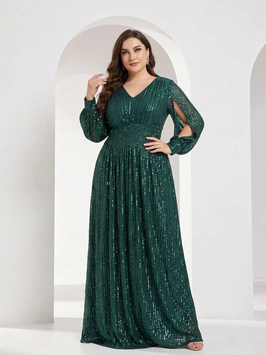 YISIKADO Sequin V-Neck Slit Long Sleeve Ball Gown Floor-Length Evening Dress Wedding Party Fall
