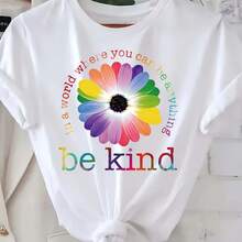 Women's "Treat Letters Well" Printed T-Shirt - Short-sleeved, crew neck, casual style, suitable for spring and summer wear, machine washable, decorated with colorful letter patterns, simple and versatile. - Weiss - Übersicht 1