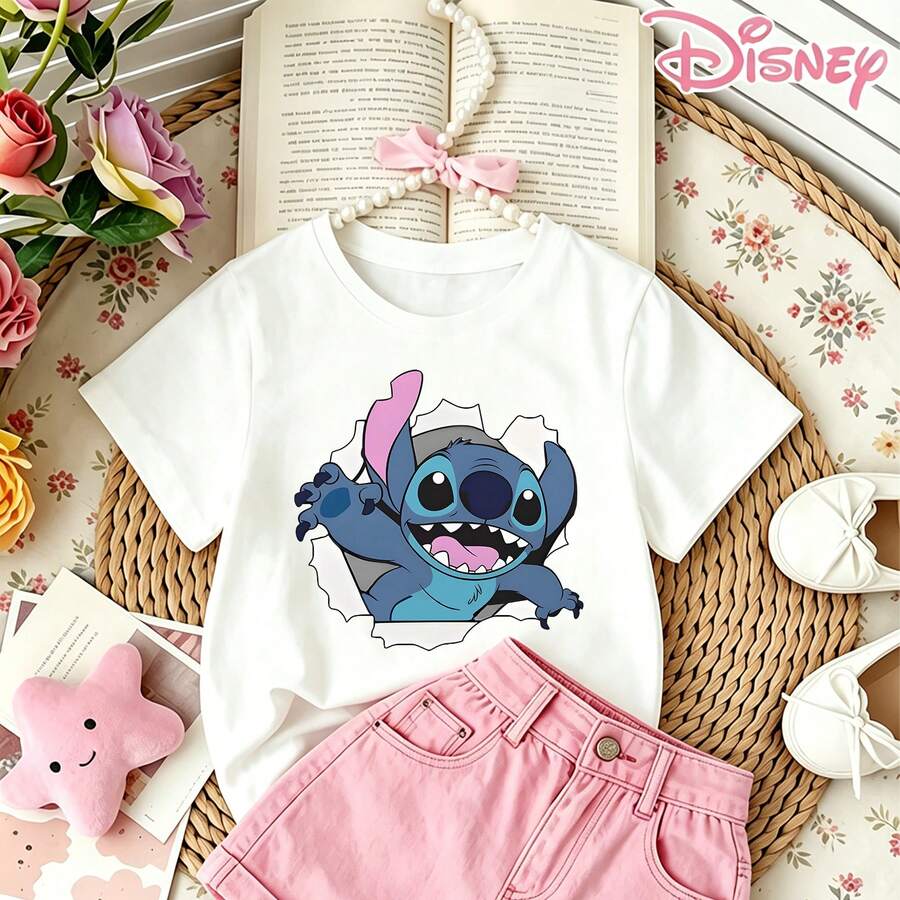 Disney Lilo & Stitch Breakthrough Print Teen Girl Clothes T-Shirt, Cute Cartoon Graphic Short Sleeve Crew Neck Tee - White - View 1