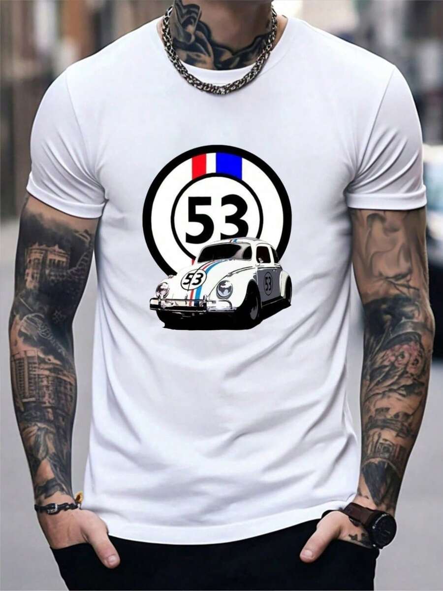 Versatile Casual Loose Fit Short Sleeve T-Shirt With Fun Racing Design Print, For Vacation, Work And Everyday Wear - White - View 1