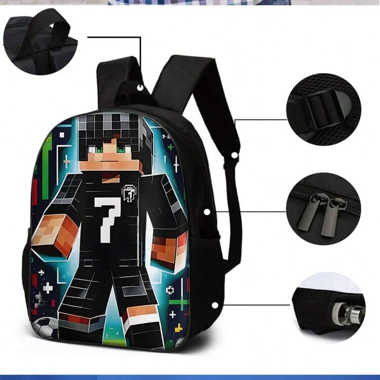 Pixel Art Soccer Player Backpack - Gamer Style School Bag For Boys, Minecrafts Inspired Sports Bookbag For Teens - B - 查看 2