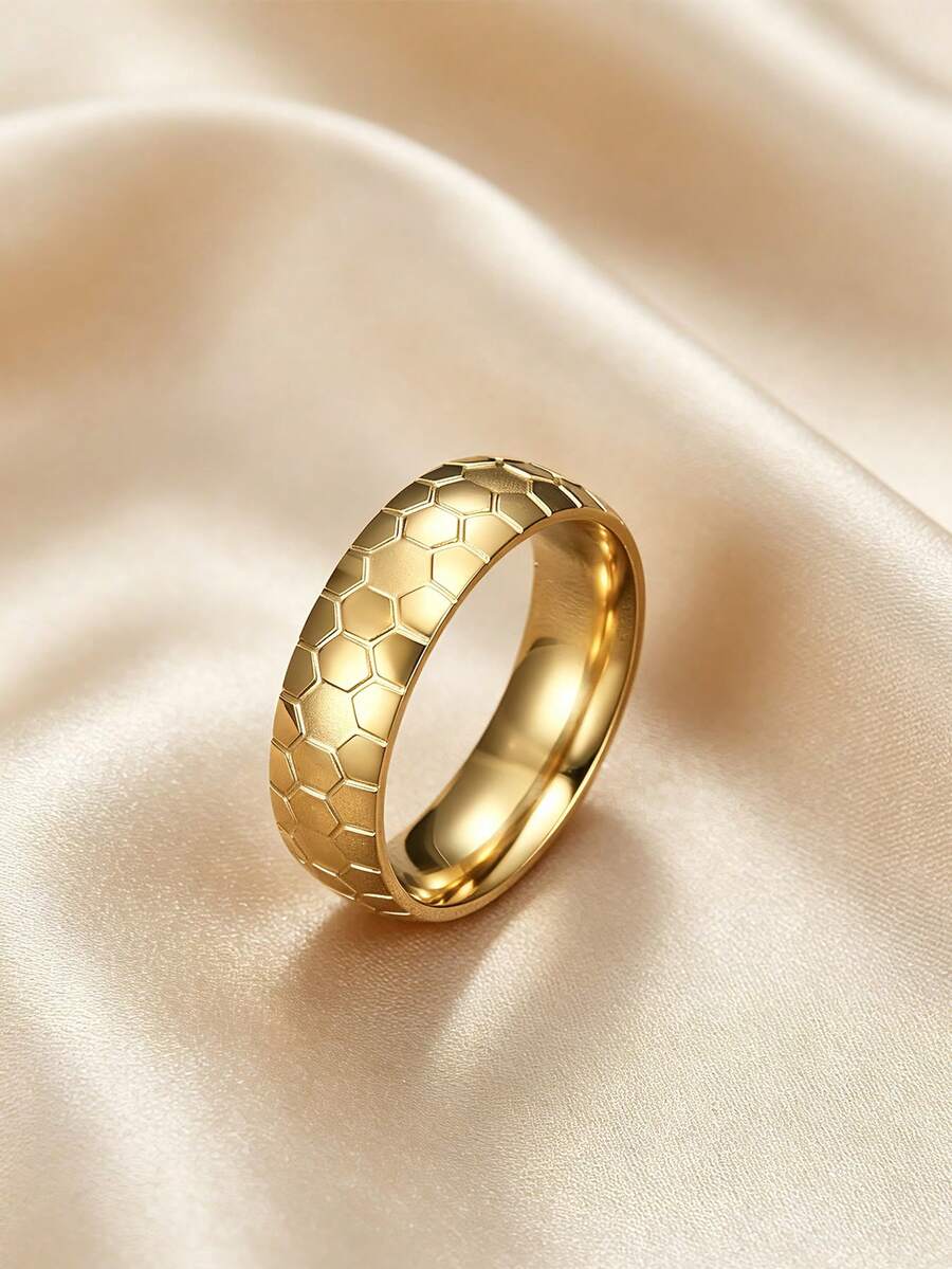 MONALLY 18K鍍金經典男士不鏽鋼嘻哈蜂巢婚戒騎士戒指,適合日常與派對佩戴 - 男士戒指 - 查看 1