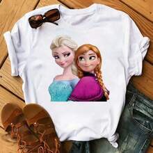 Disney Women's Frozen Elsa & Anna Princess Cartoon Pattern Summer T-Shirt Harajuku Street Style Casual Short Sleeve Fashion Top - 137MTFU - View 1