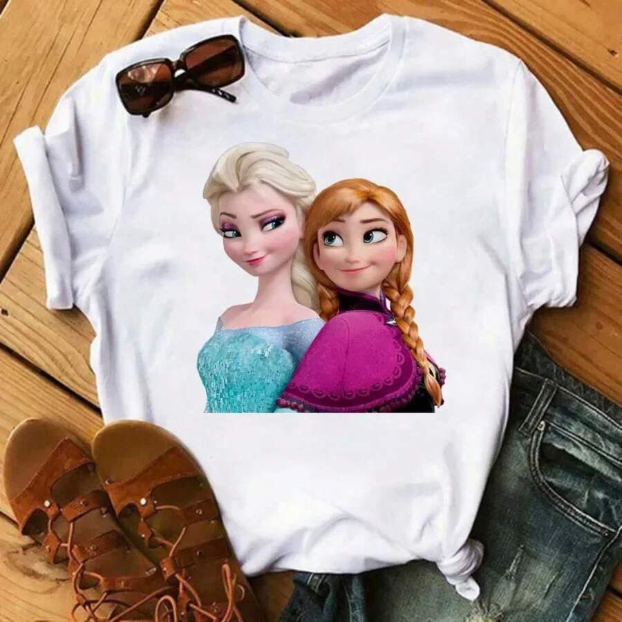 Disney Women's Frozen Elsa & Anna Princess Cartoon Pattern Summer T-Shirt Harajuku Street Style Casual Short Sleeve Fashion Top - 137MTFU - View 1