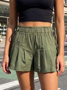 Womens Summer Denim Skorts Casual Loose Fit Stylish Pleated Solid Color Drawstring Elastic Mid Rise Shorts - Army Green - View 3