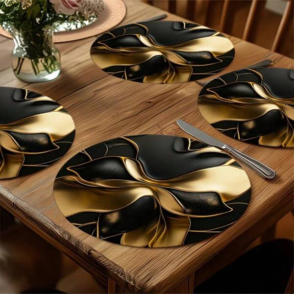 Black Gold Luxury Placemats. 2 Elegant Designs: Scalloped Round Embossed Golden Lotus Border & Oval 3D Metallic Gold Petal Texture. Polyester Woven, Heat-Resistant, Waterproof, Stain-Proof, Washable & Durable For Table Decor.
