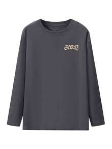 女款春秋冬季簡約百搭拼色字母與愛心雙面印花休閒長袖T恤，寬鬆韓系慵懶羅紋中性圓領上衣，適合居家、日常、街頭、通勤 - 深灰色 - 查看 4